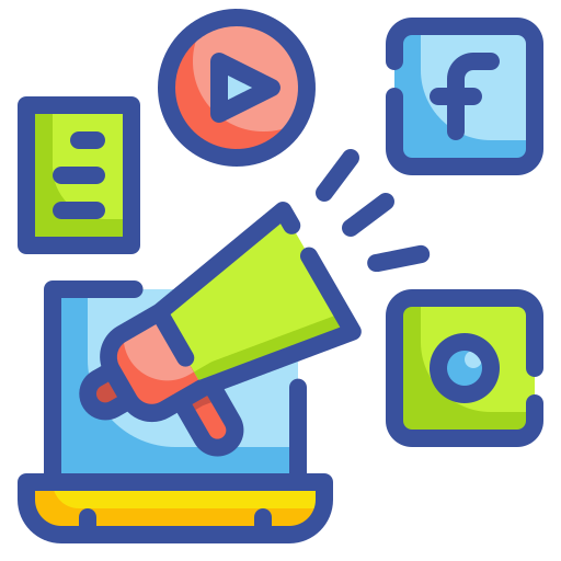 icones de réseaux sociaux avec un ordinateur et un mégaphone